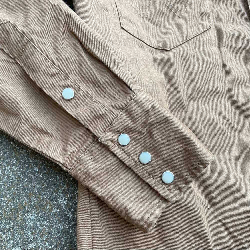 Wrangler | Vintage Western Cowboy Brushpopper Heavy Tan/Khaki Pearl Snap Shirt - Picture 4 of 5